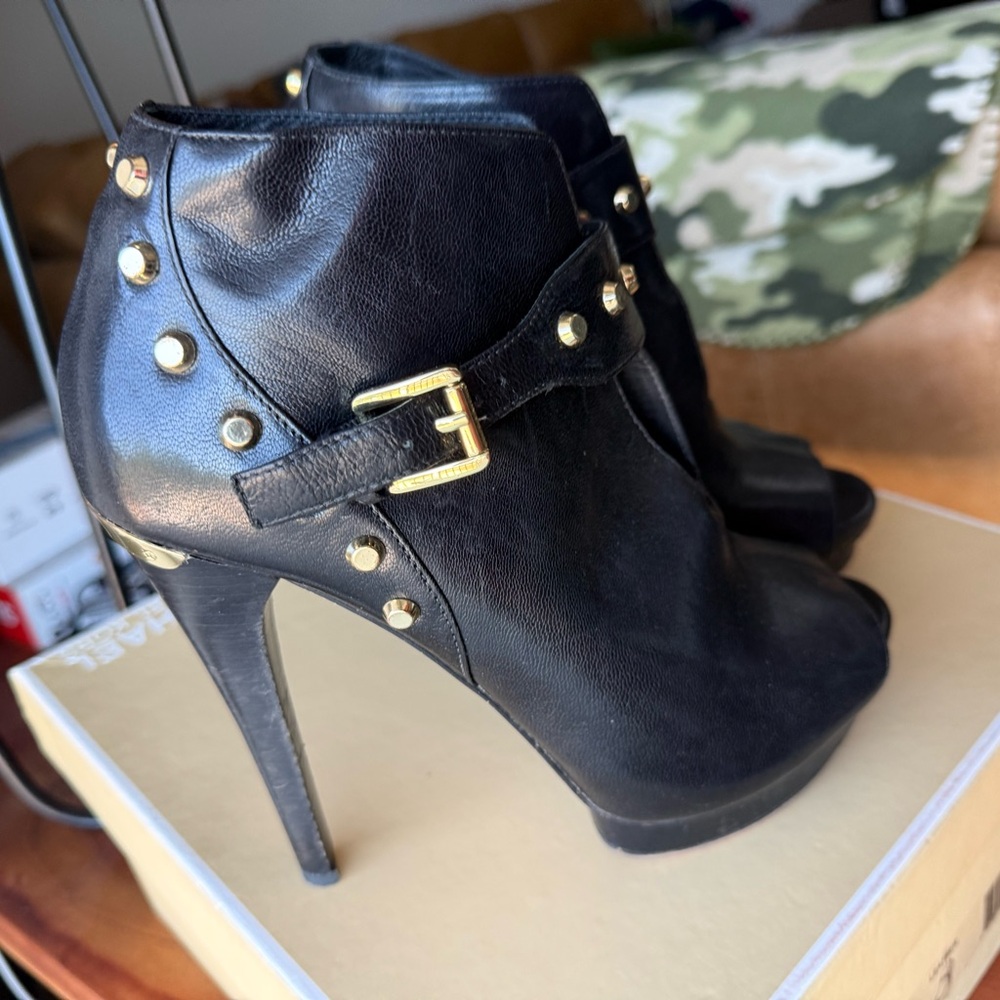 Michael Kors Ailee Black Leather Peep-Toe Ankle Booties with Gold Hardware